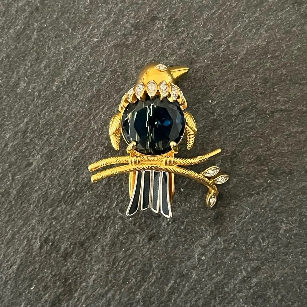 Kenneth Jay Lane (KJL) Elegant Crystal Blue Bird Brooch with Gold Tone Setting